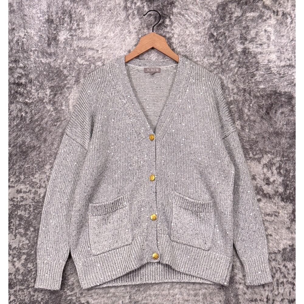 New J Crew Cardigan Small Womens Gray Sequin Chunky Knit Gold Button